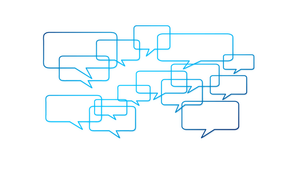 Flere tomme talebobler på farvet baggrund, der symboliserer dialog og deling i gruppeterapi